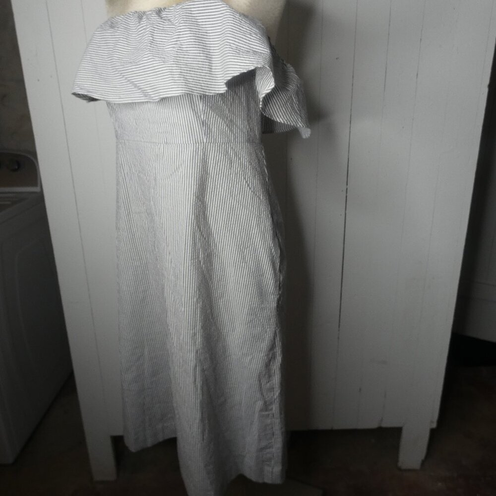 Banana Republic Women's 12 Seersucker Dress Off Shoulder Pockets Grey White